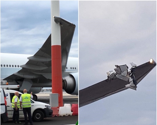 國泰航空客機撞到燈柱。網上圖片