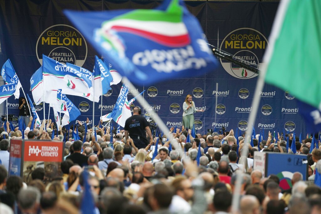 梅洛尼是目前支持率最高的極右翼「意大利兄弟黨」黨魁。AP