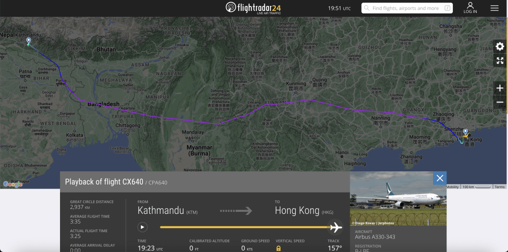 客機於3時20分抵港。Flightradar24.com 圖片