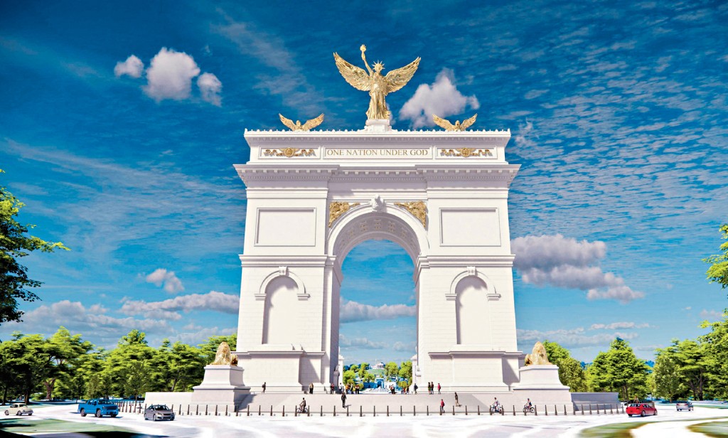 美國美術委員會公布了「凱旋門」效果圖。它將建於林肯紀念堂和阿靈頓國家公墓之間的紀念環島上，配有一系列金色裝飾。