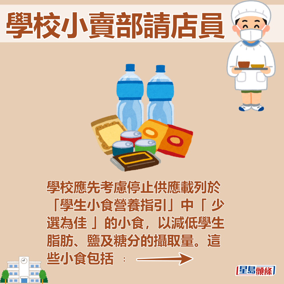 学校应先考虑停止供应载列于「学生小食营养指引」中「 少选为佳 」的小食。