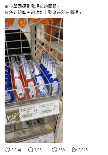 有网民在threads 出post：「从小学困扰到我现在的问题。 红色的跟蓝色的功能上到底差别在哪里？」(图：rpgtaiwan @ threads)