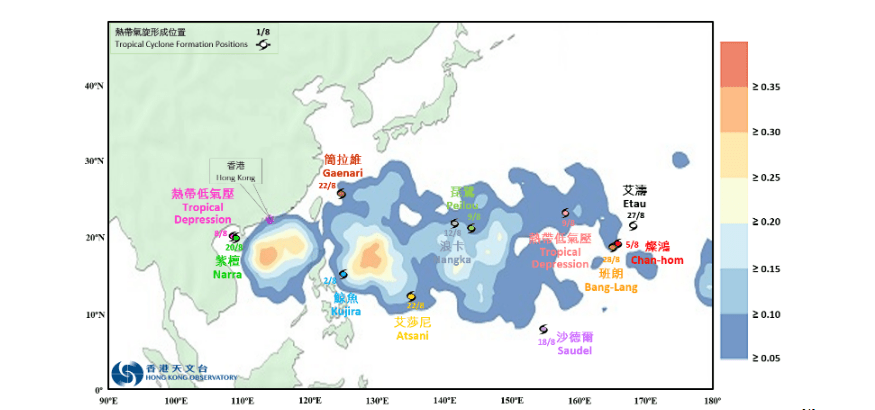 2026年8月西北太平洋和南海的熱帶氣旋生成位置。陰影顏色表示8月熱帶氣旋生成長期平均數目的分佈。香港天文台 2026年8月西北太平洋和南海的熱帶氣旋生成位置。陰影顏色表示8月熱帶氣旋生成長期平均數目的分佈。香港天文台