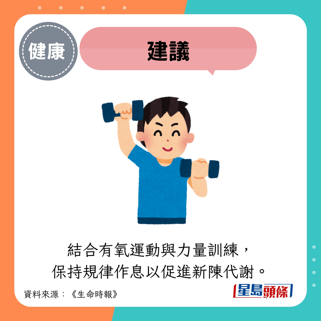 建议：结合有氧运动与力量训练， 保持规律作息以促进新陈代谢。