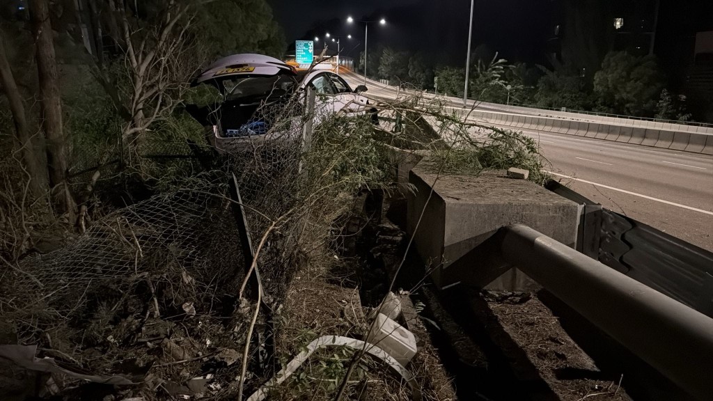 Tesla擱在草叢上，車頭嚴重損毀，機件明顯外露，車架扭曲，儼如廢鐵。蔡楚輝攝