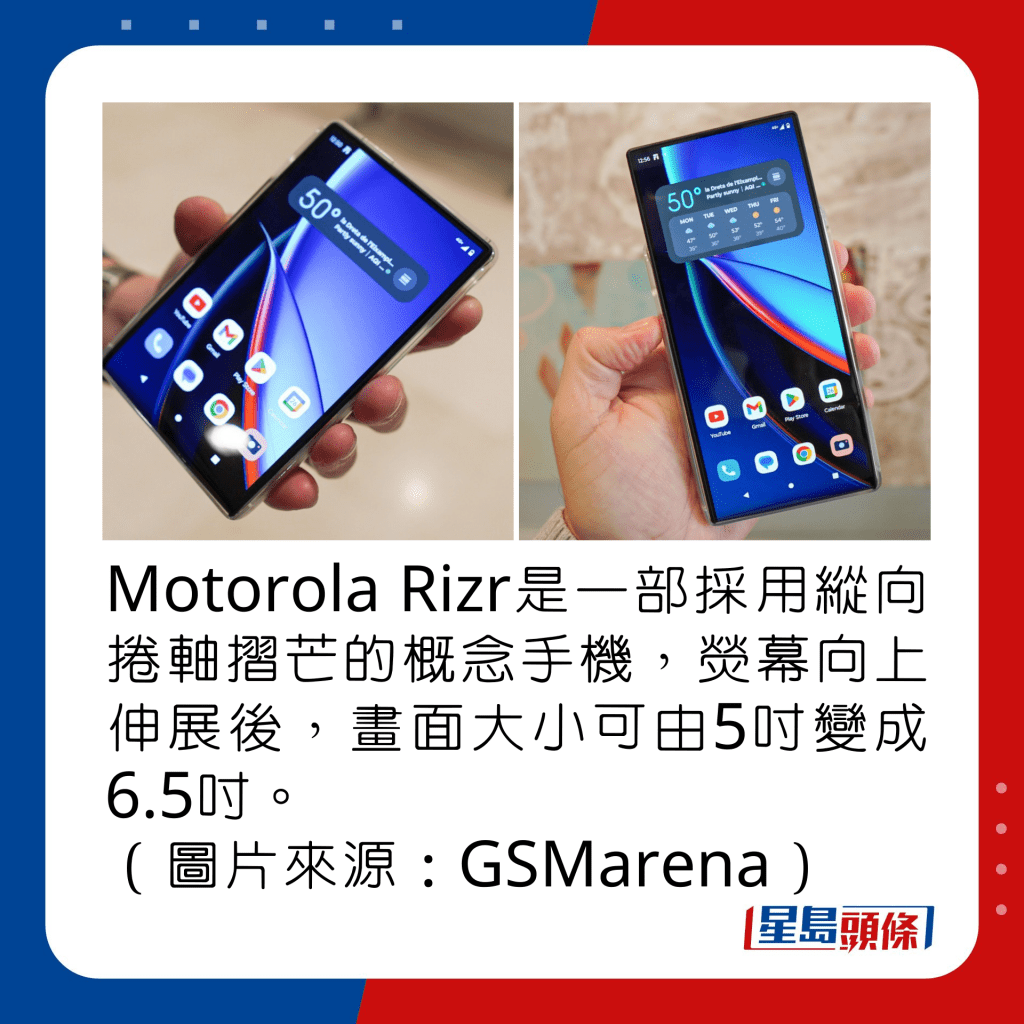 Motorola Rizr是一部採用縱向捲軸摺芒的概念手機，熒幕向上伸展後，畫面大小可由5吋變成6.5吋。（圖片來源：GSMarena）