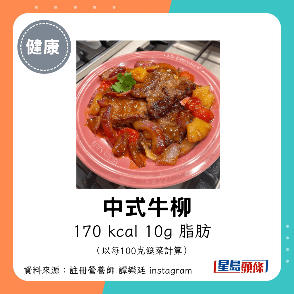 中式牛柳：170 kcal、10g 脂肪