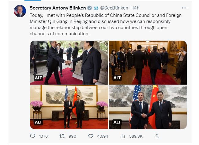 布林肯Twitter发文谈北京行 「讨论如何负责任地管理两国关系」