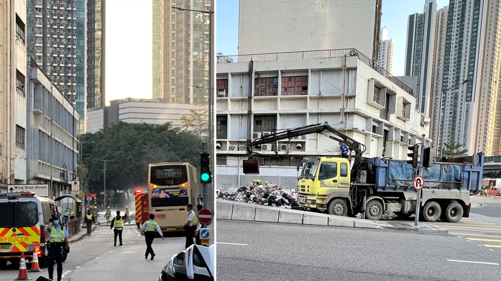 荃灣有行駛中的垃圾車車斗起火，消防到場將火救熄。讀者提供