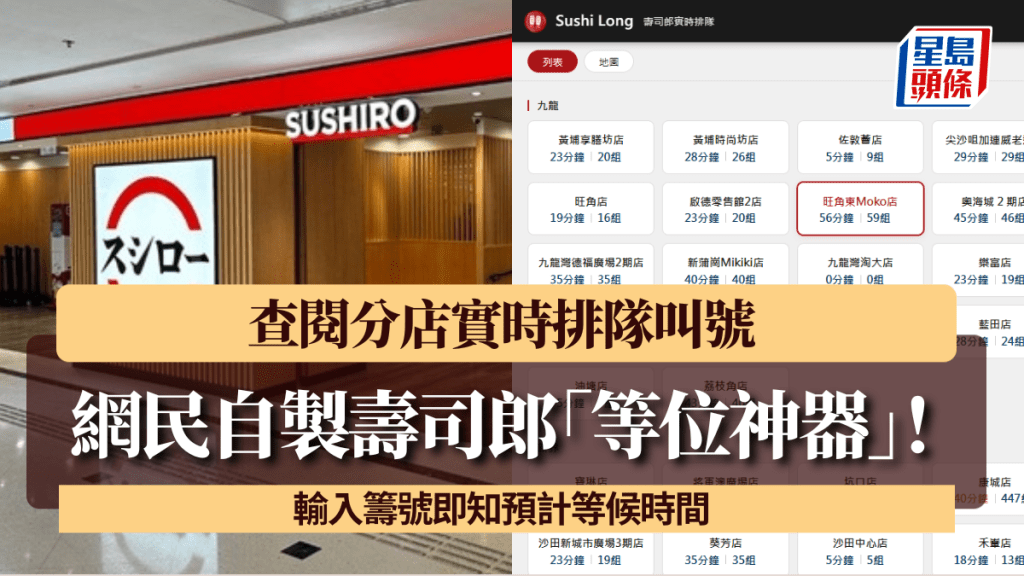 网民自制寿司郎「等位神器」！查阅分店实时排队叫号 输入筹号即知预计等候时间