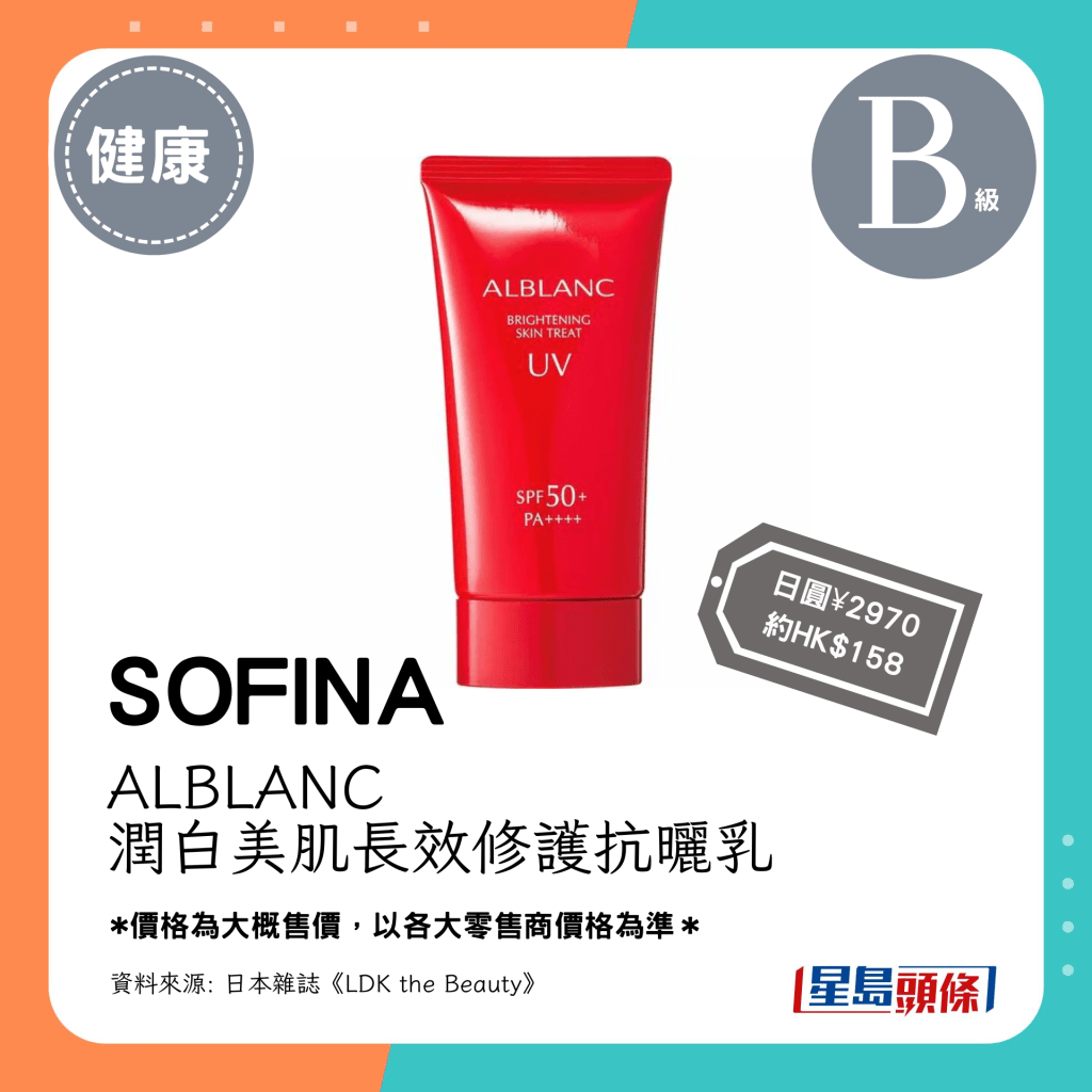 Ｂ級防水防曬產品：SOFINA ALBLANC 潤白美肌長效修護抗曬乳