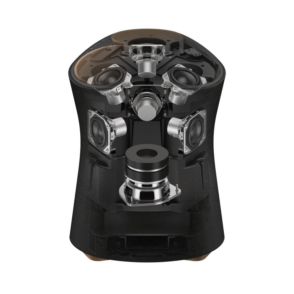 除了三個朝天單元，音箱內部還裝有三個水平傳音的橫向單元，以及向下的大型低音單元。