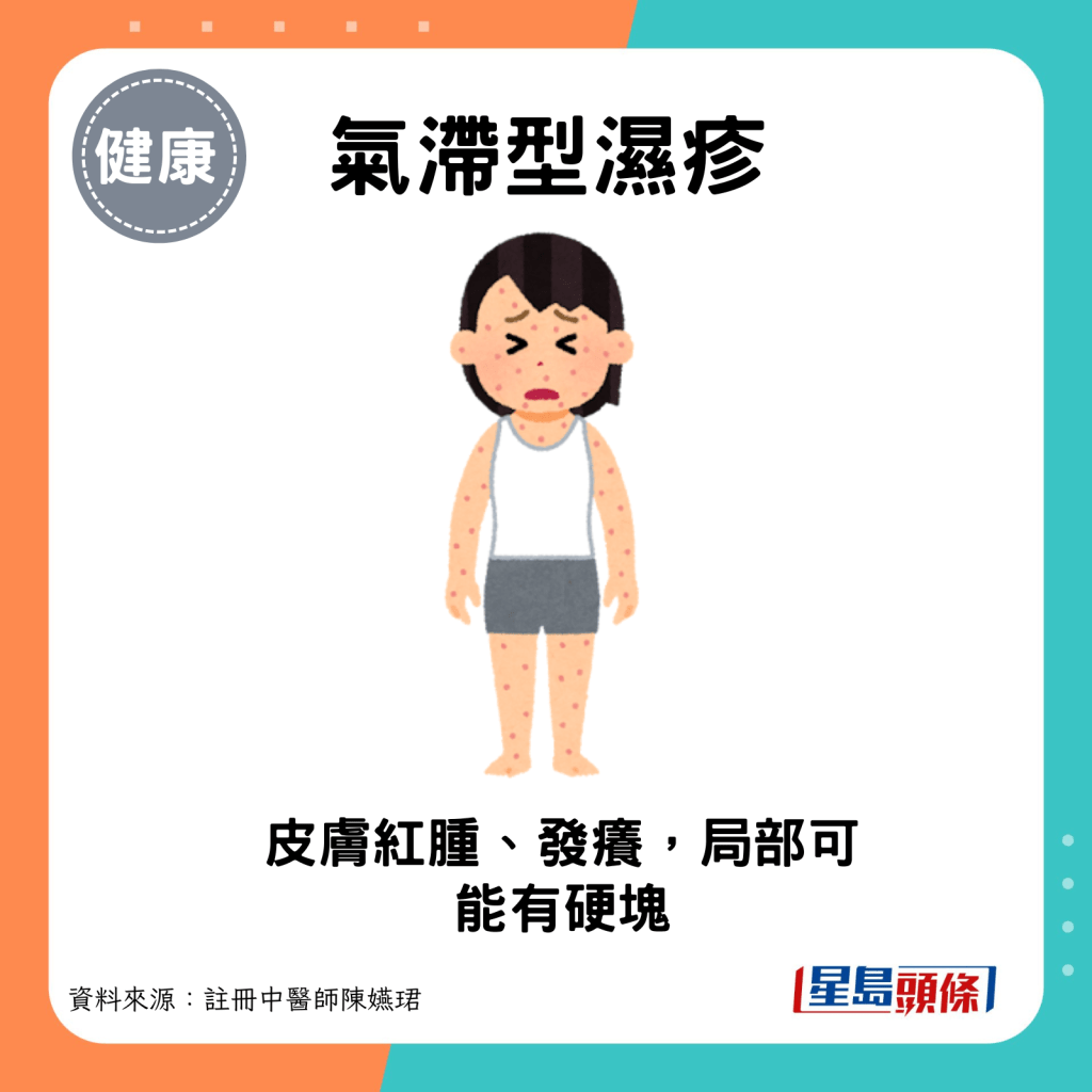 气滞型湿疹：皮肤红肿、发痒，局部可能有硬块。