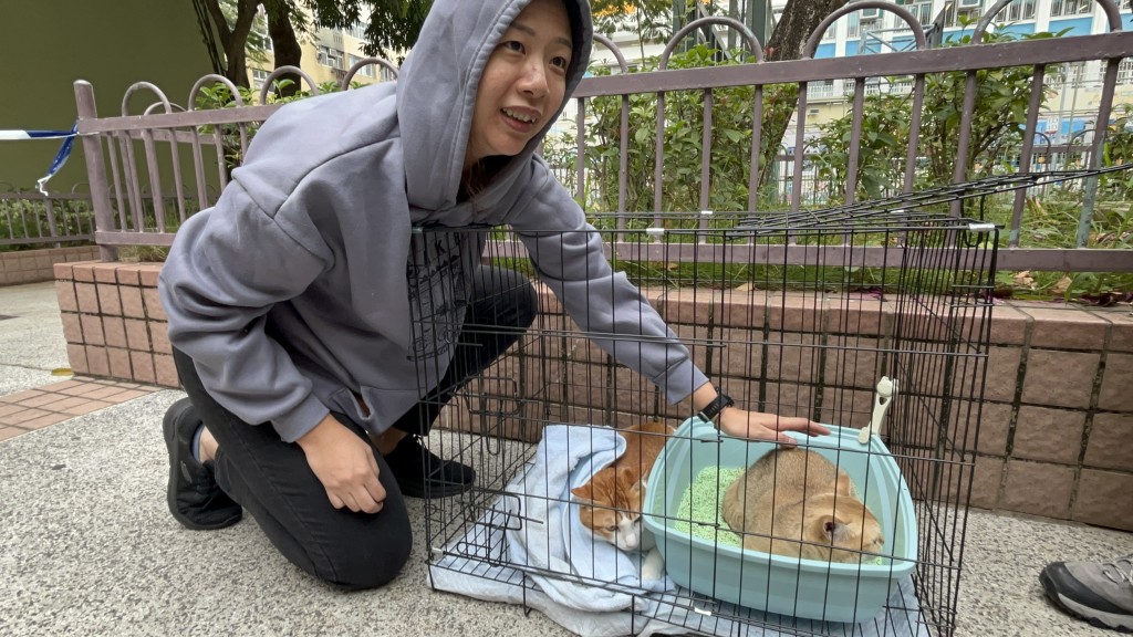 住戶黃小姐帶同2隻貓咪走火警逃生。