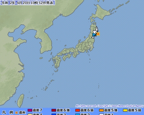 地震震央位於宮城縣對開。(日本氣象廳圖片)