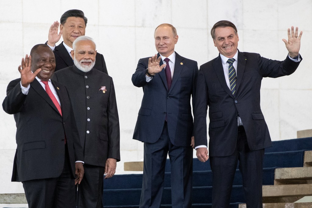 2019年，中国、南非、俄罗斯、印度和巴西领导人在金砖峰会合照。(路透社)