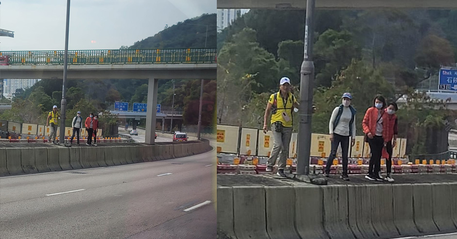 4名行山客橫過龍翔道，險象環生。網上圖片