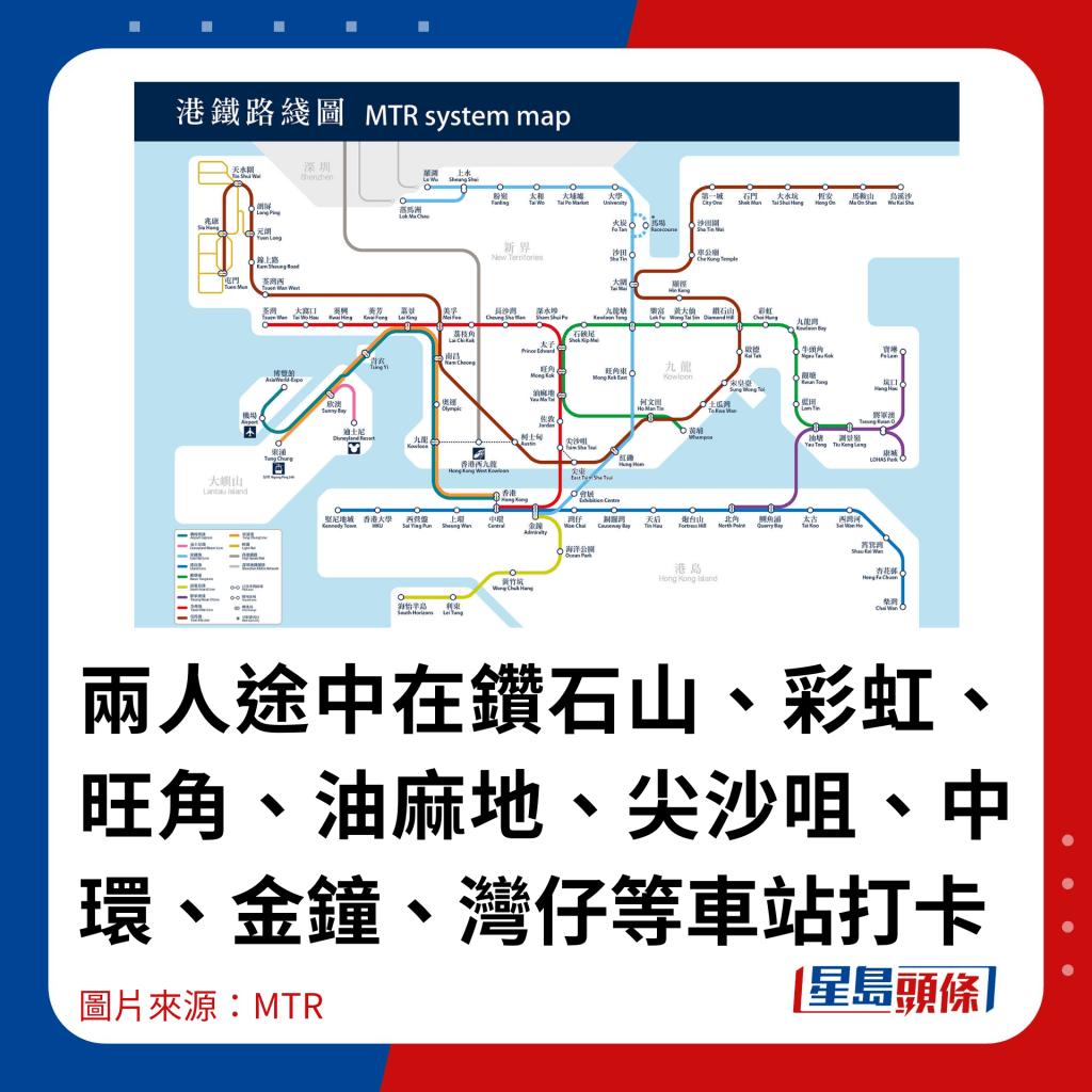 兩人途中在鑽石山、彩虹、旺角、油麻地、尖沙咀、中環、金鐘、灣仔等車站打卡