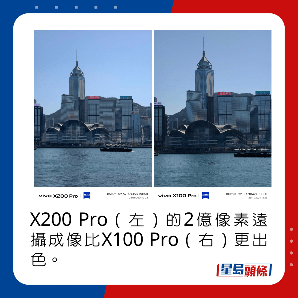 X200 Pro（左）的2亿像素远摄成像比X100 Pro（右）更出色。