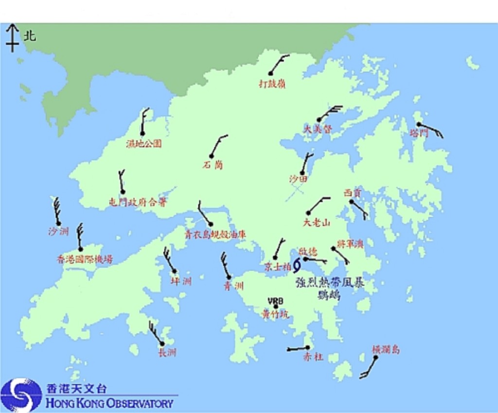 2008年8月22日下午5時正香港各區的風向及風力分佈圖。天文台