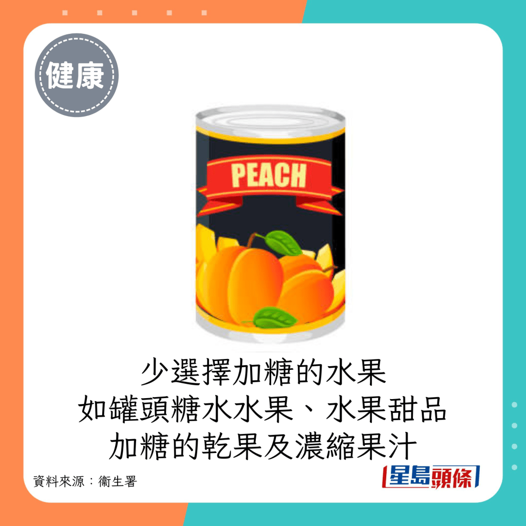 少选择加糖的水果，如罐头糖水水果、水果甜品、加糖的乾果及浓缩果汁。