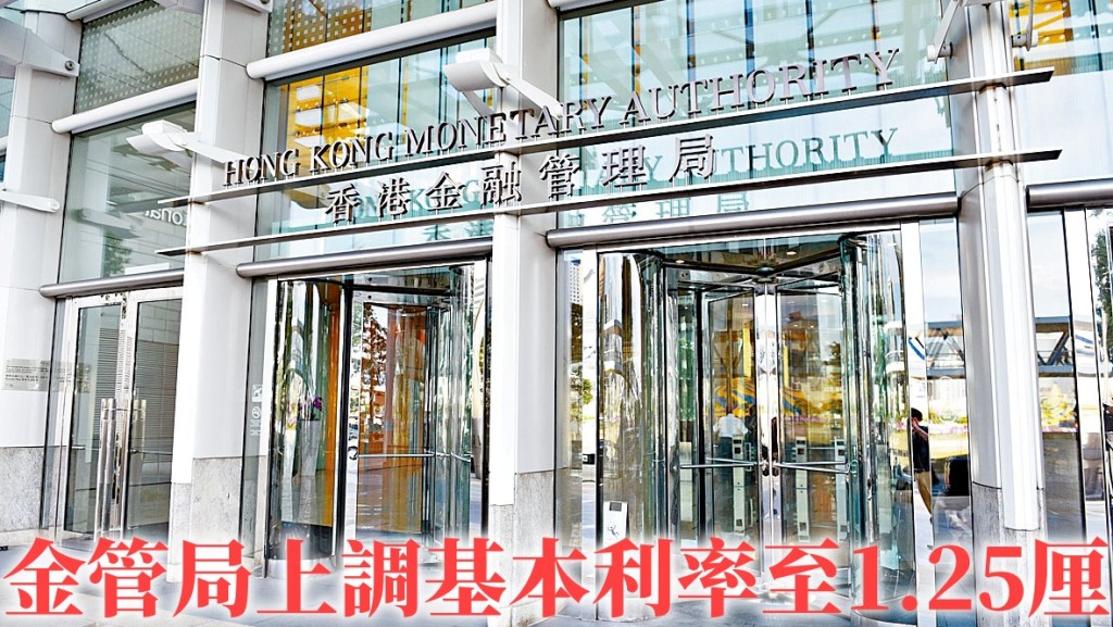 金管局宣布基本利率上調至1.25厘。資料圖片