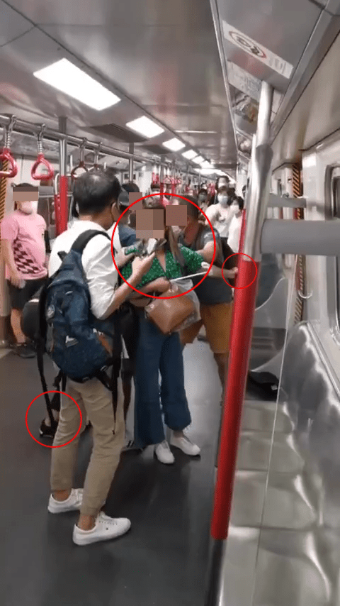 影片全長約30秒，影片開頭見到一名綠衫女子（右紅圈）頭髮被人扯著，施襲女子在畫面初時只見到腳（左紅圈）。