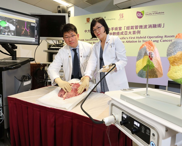 中大醫學院外科學系心胸外科組副教授吳士衡醫生(左)及名譽臨床助理教授劉穎虹醫生,模擬相關治療的運作。