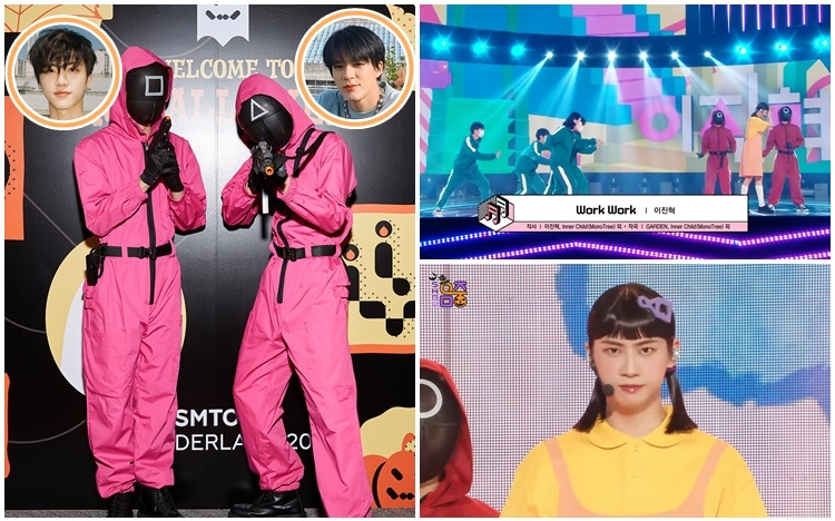 NCT DREAM成員Jaemin（左一）與ＪJeno（左二）扮《魷魚遊戲》紅衫人入晒戲，李鎮赫（右下）扮演「123木頭人」公仔兼玩住劇中遊戲表演新歌。