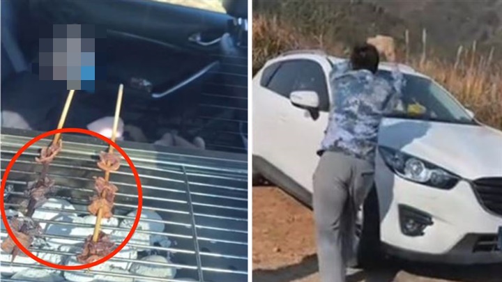 浙江男子疑在車內燒烤(紅圈)並暈倒,結果要由警員救出。網圖