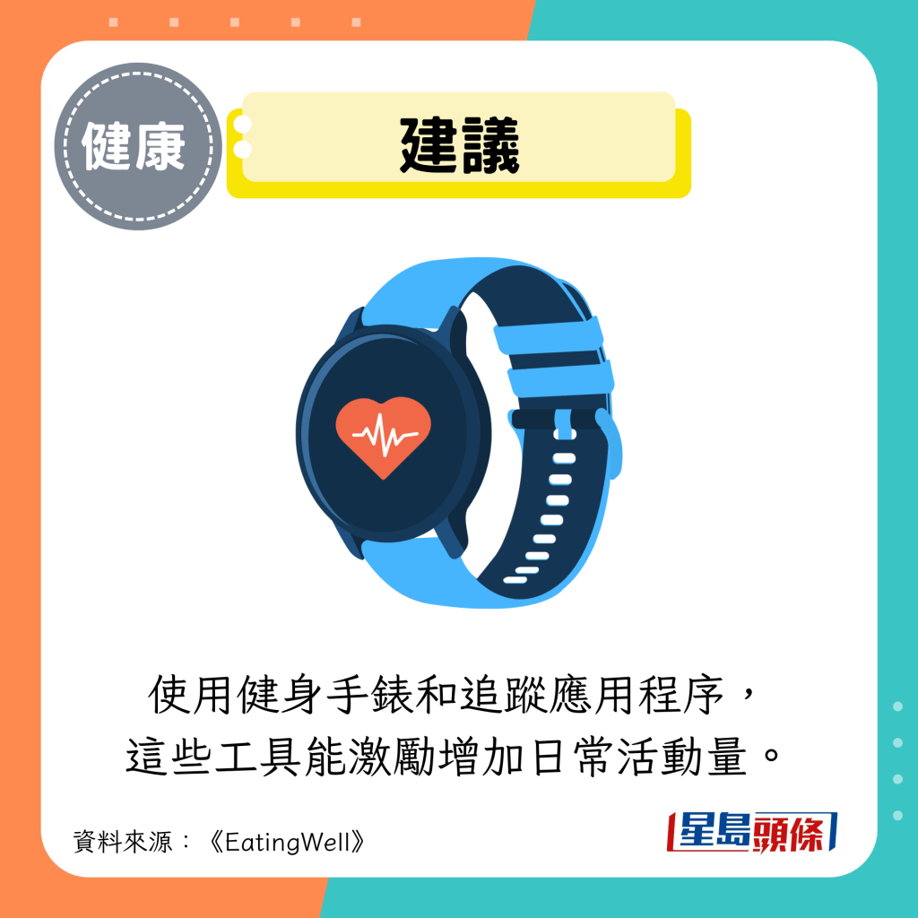 建議:使用健身手錶和追蹤應用程序, 這些工具能激勵增加日常活動量。 建議:使用健身手錶和追蹤應用程序, 這些工具能激勵增加日常活動量。