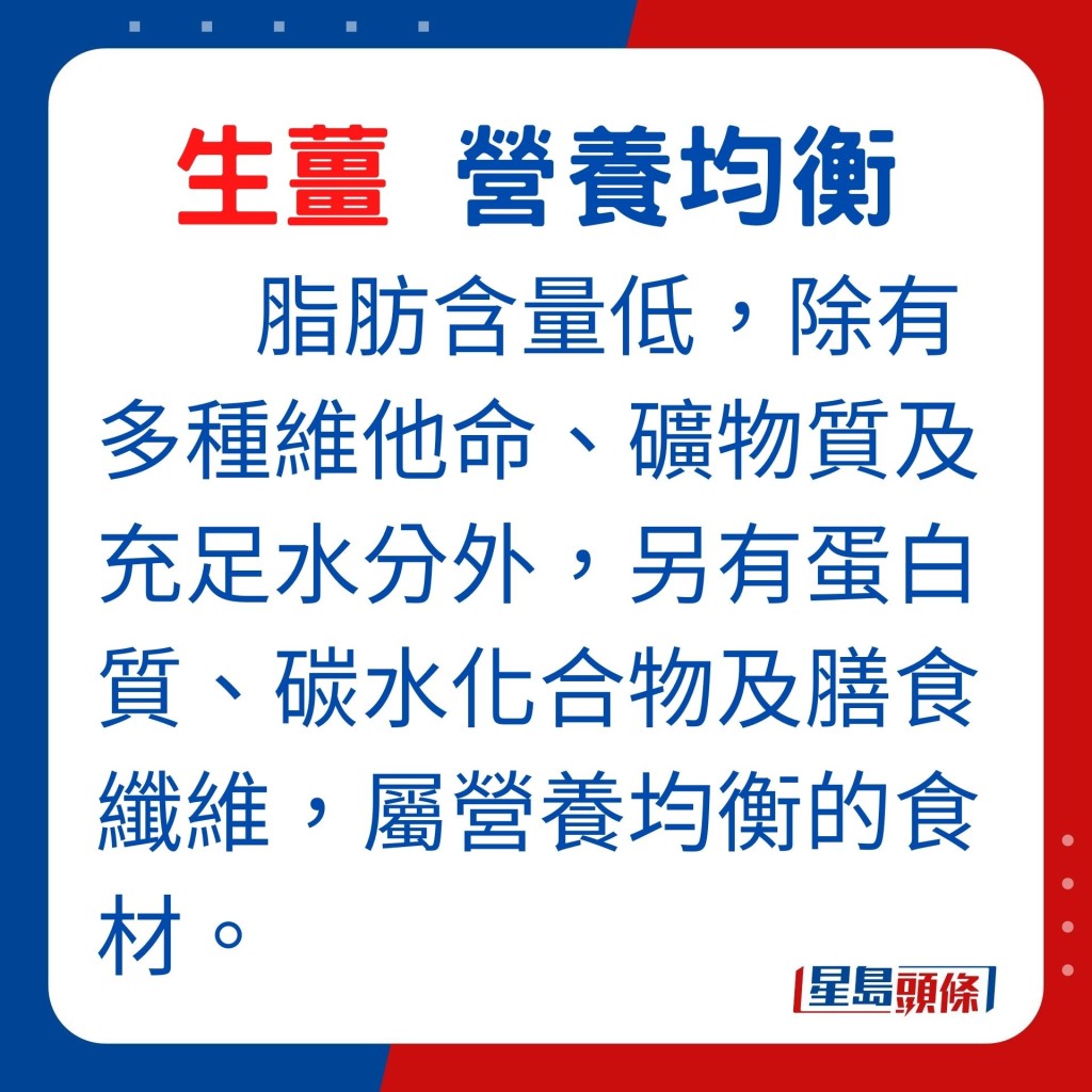 生薑脂肪含量低，除有多種維他命、礦物質及充足水分外，另有蛋白質、碳水化合物及膳食纖維，生薑屬營養成分均衡的食材。$20/斤