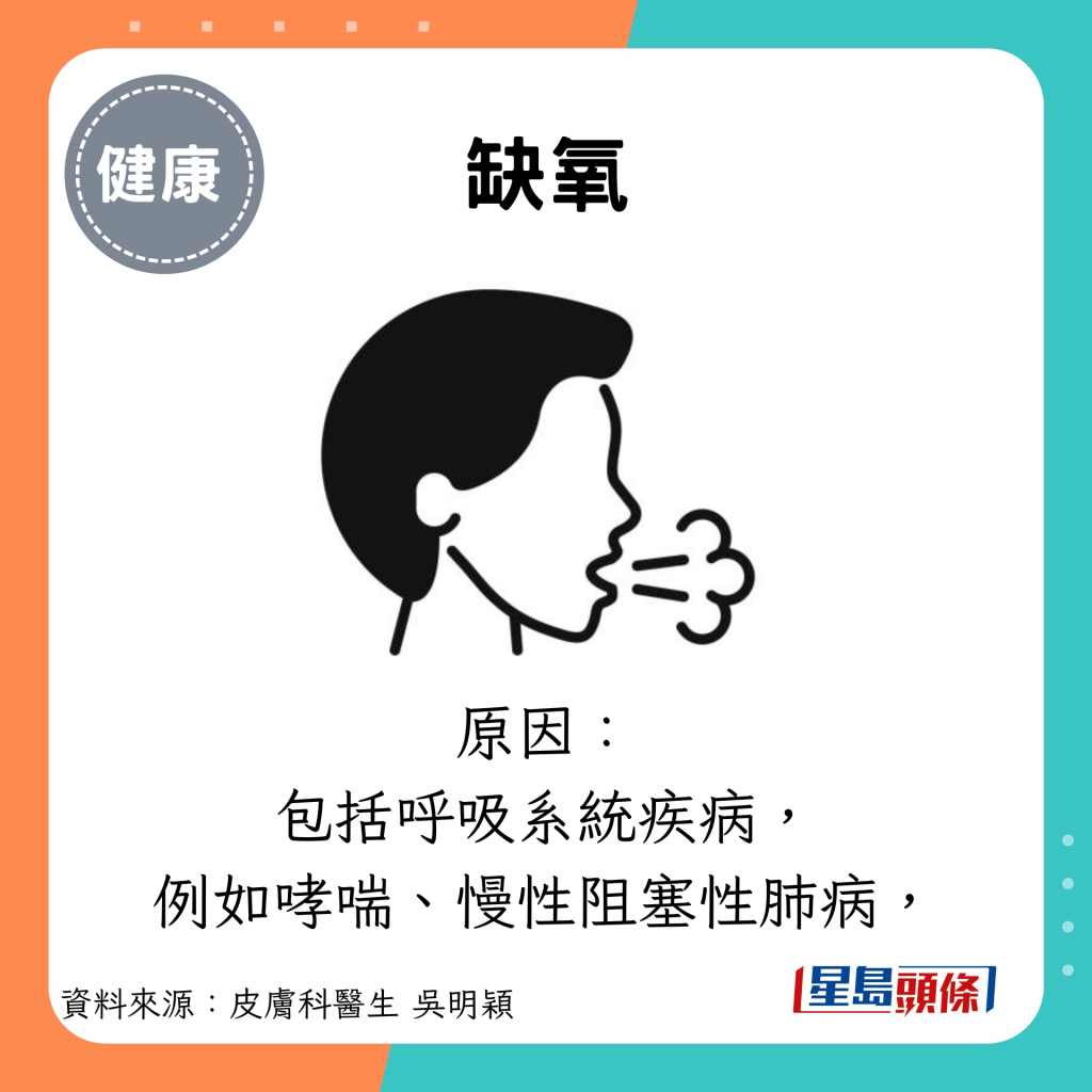 缺氧：原因： 包括呼吸系统疾病， 例如哮喘、慢性阻塞性肺病，