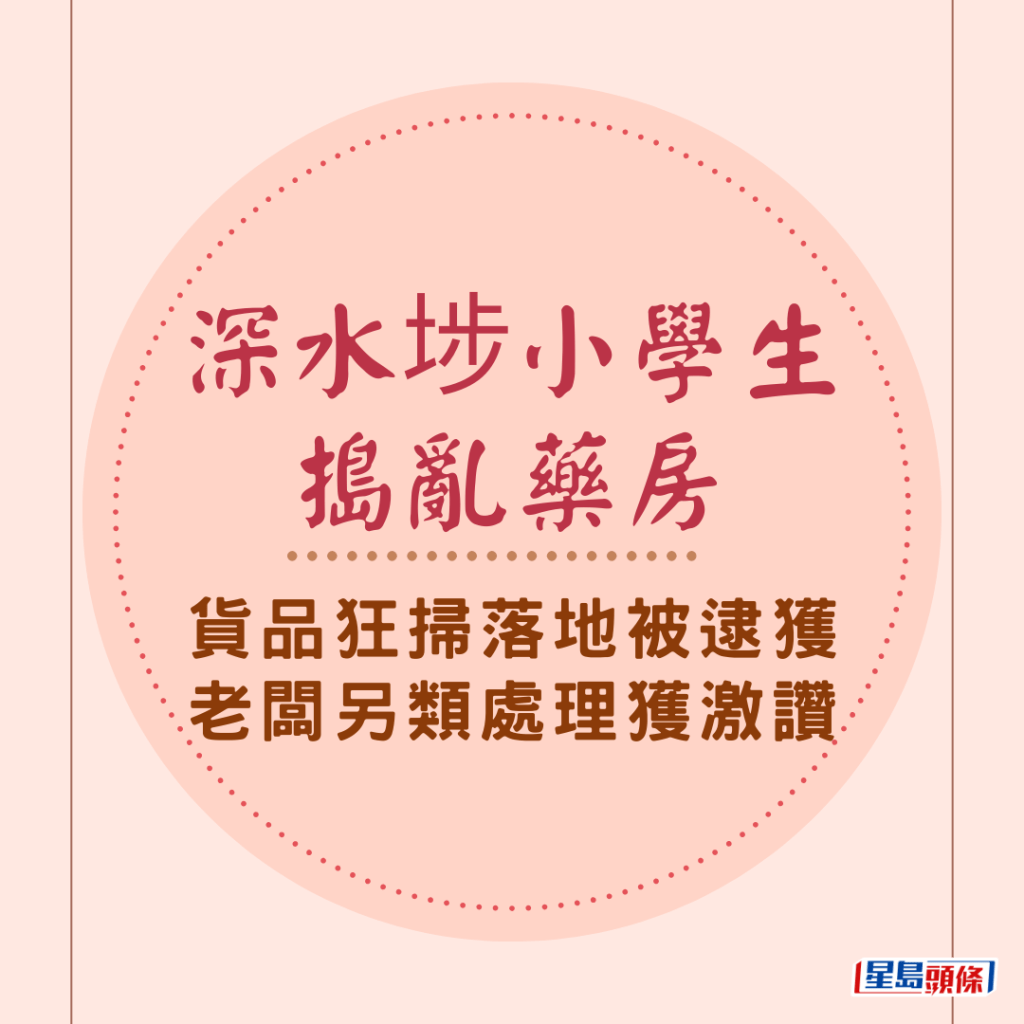 深水埗一間藥房被頑皮小學生搗亂，該小學生行過門前刻意橫掃貨品落地，然後施施然離去，老闆發現後即怒氣沖沖追出，當場捕獲該「頑皮仔」，老闆最後選擇用「另類方法」處理事件，獲網民激烈讚賞。