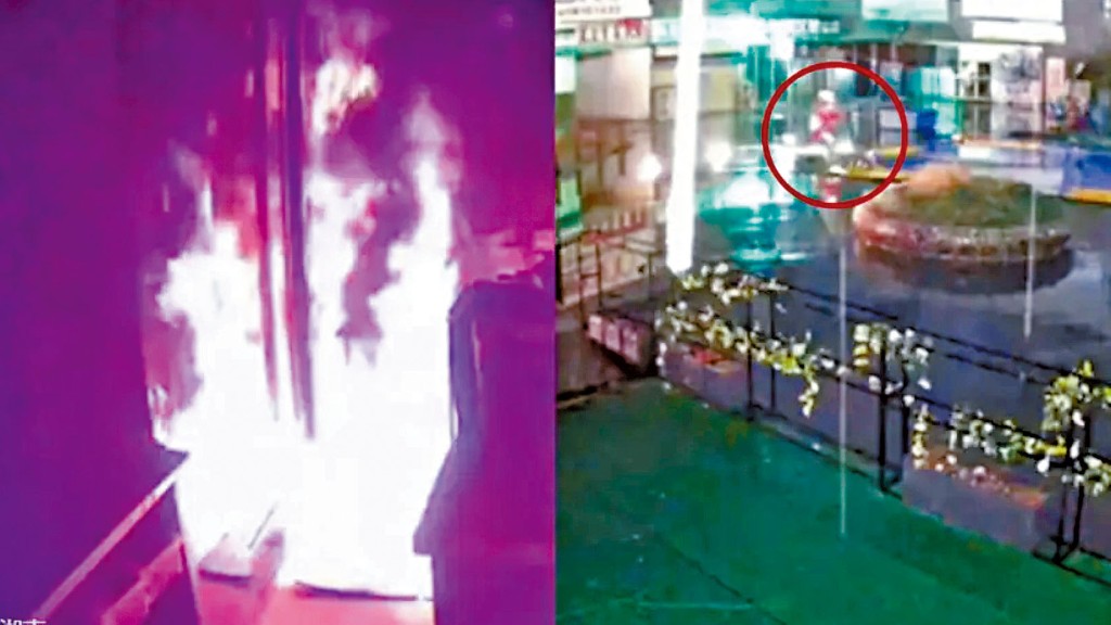 壽司店疑被人縱火,縱火者(右)連夜逃走。