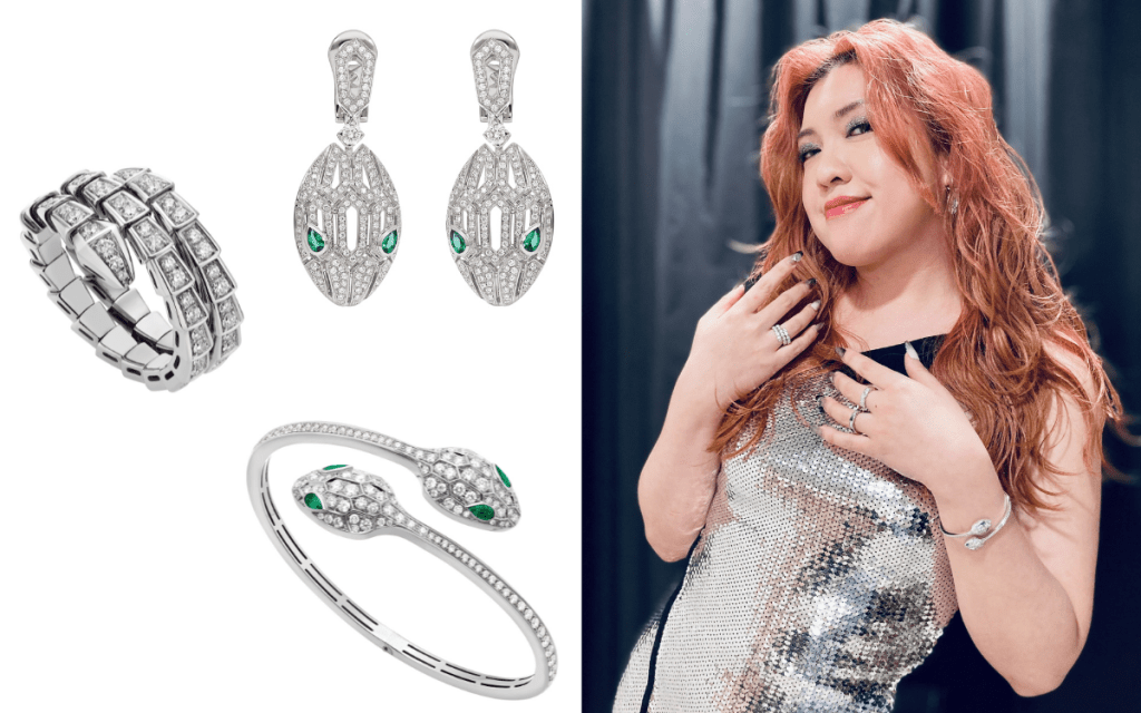 Serpenti 系列18K 白金耳環，鑲嵌祖母綠蛇眼及密鑲鑽石。Serpenti系列白金鑽石手鐲（1.72卡）及梨形祖母綠 。Serpenti Viper系列18K白金雙圈戒指，鑲嵌密鑲鑽石。