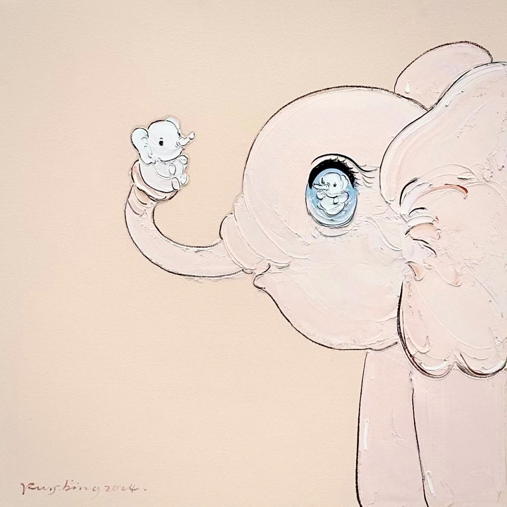 《You Are The Apple Of My Eye》─以大特寫手法繪畫象媽媽與小象的親子溫馨畫面。