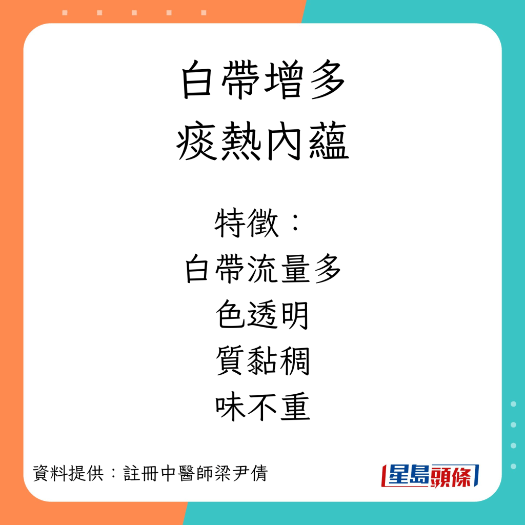 白带增多成因症状︱痰热内蕴：白带流量多、色透明、质黏稠、味不重