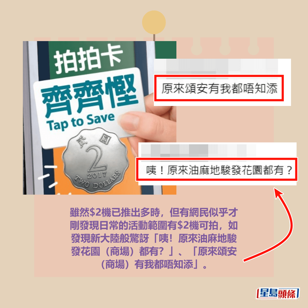 雖然$2機已推出多時，但有網民似乎才 剛發現日常的活動範圍有$2機可拍，如 發現新大陸般驚訝「咦！原來油麻地駿 發花園（商場）都有？」、「原來頌安 （商場）有我都唔知添」。Threads截圖和港鐵網頁截圖
