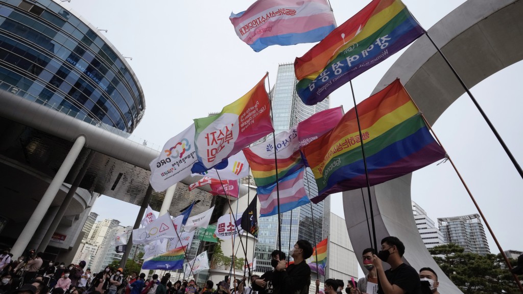 南韩LGBT权利支持者挥舞各式各样的旗袇帜，要求政府立即通过反歧视法。 美联社