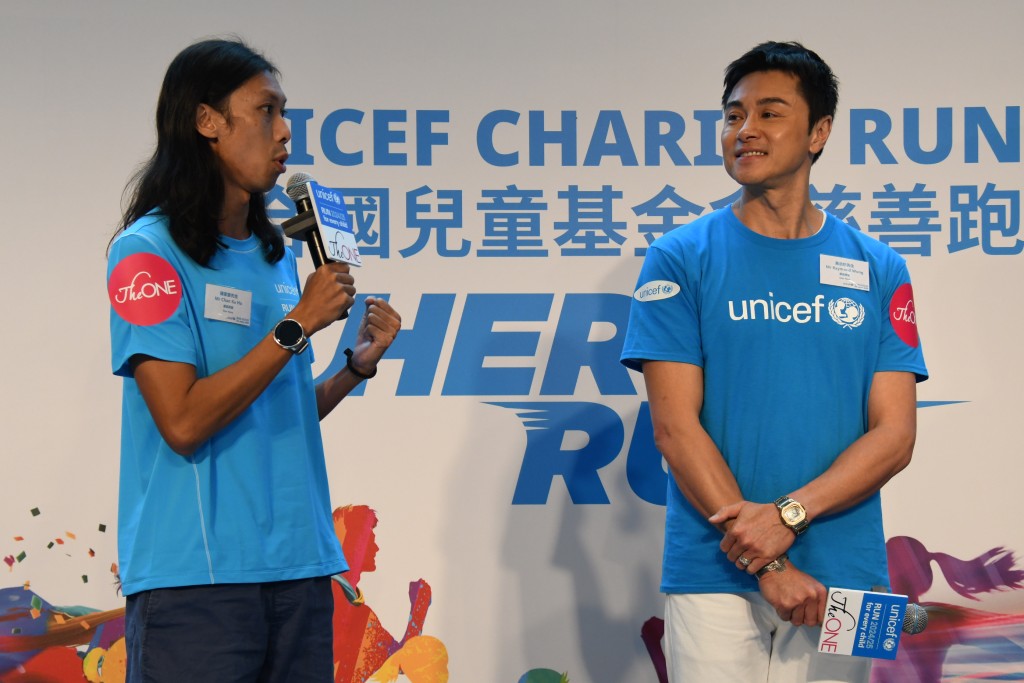 UNICEF慈善跑周二举行记者会，陈家豪及艺人黄浩然分享心声。 吴家祺摄