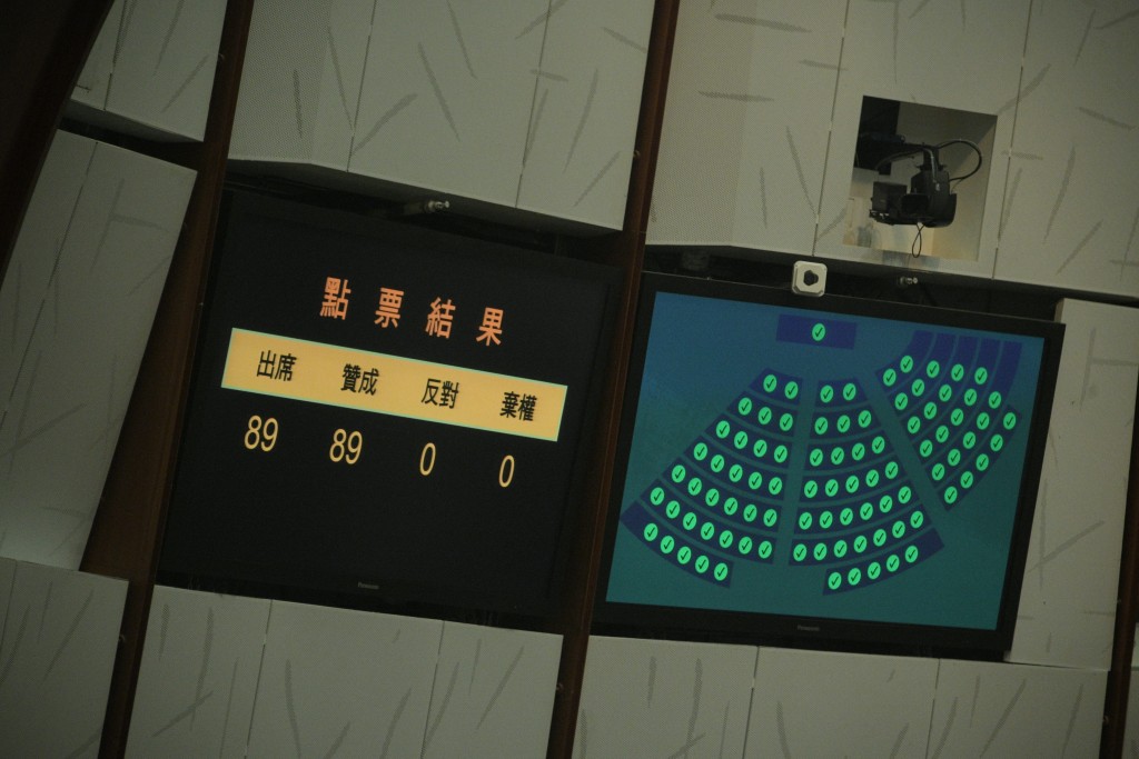 《維護國家安全條例草案》獲立法會三讀全票通過，89位議員包括主席梁君彥。