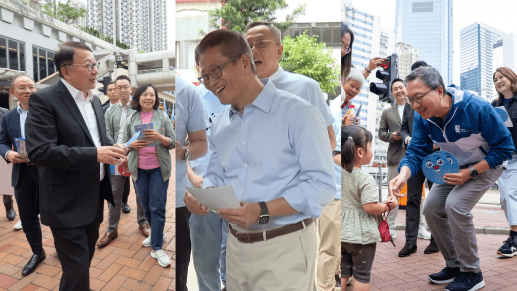 (左起)政務司司長陳國基、財政司司長陳茂波、律政司司長林定國,今(1日)紛紛落區宣傳,呼籲市民在選舉日踴躍投票。