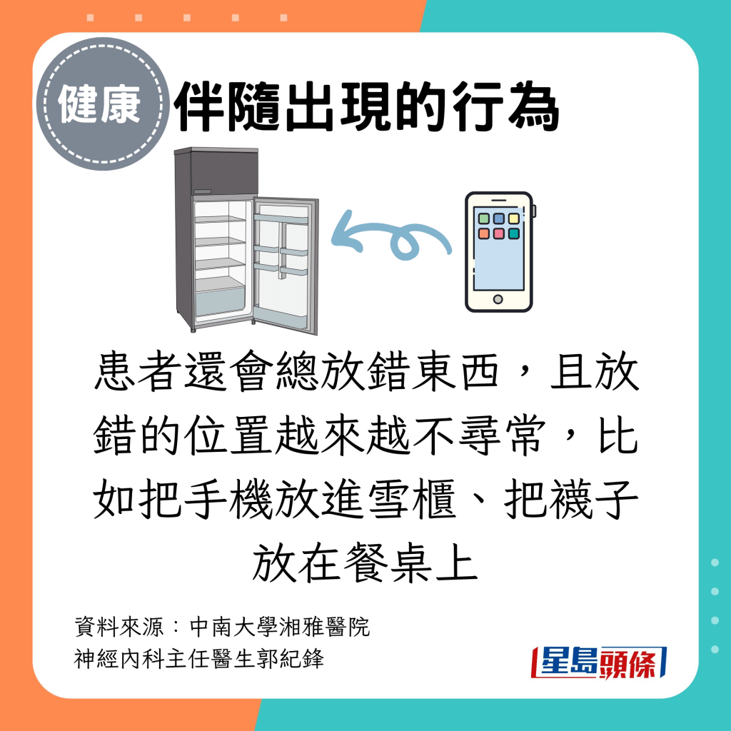 患者還會總放錯東西，且放錯的位置越來越不尋常，比如把手機放進雪櫃、把襪子放在餐桌上