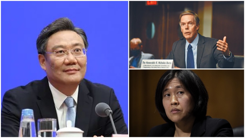 王文濤(左)今日和伯恩斯(右上)會面,據傳稍後將在美見戴琪(右下)。