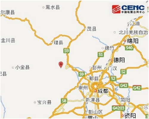 汶川縣凌晨近3時24分發生4級地震,震源深度13公里。網圖