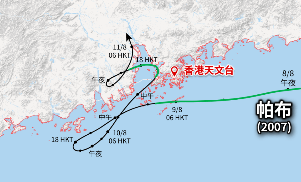 2007年「帕布」的路徑。天文台《天氣隨筆》 2007年「帕布」的路徑。天文台《天氣隨筆》