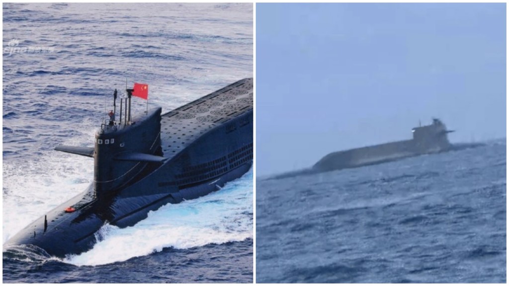 解放軍094A核潛艇在「台海中線」浮出水面航行。