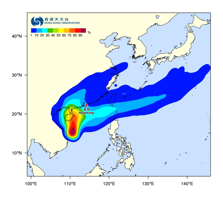 天文台熱帶氣旋路徑概率預報圖。