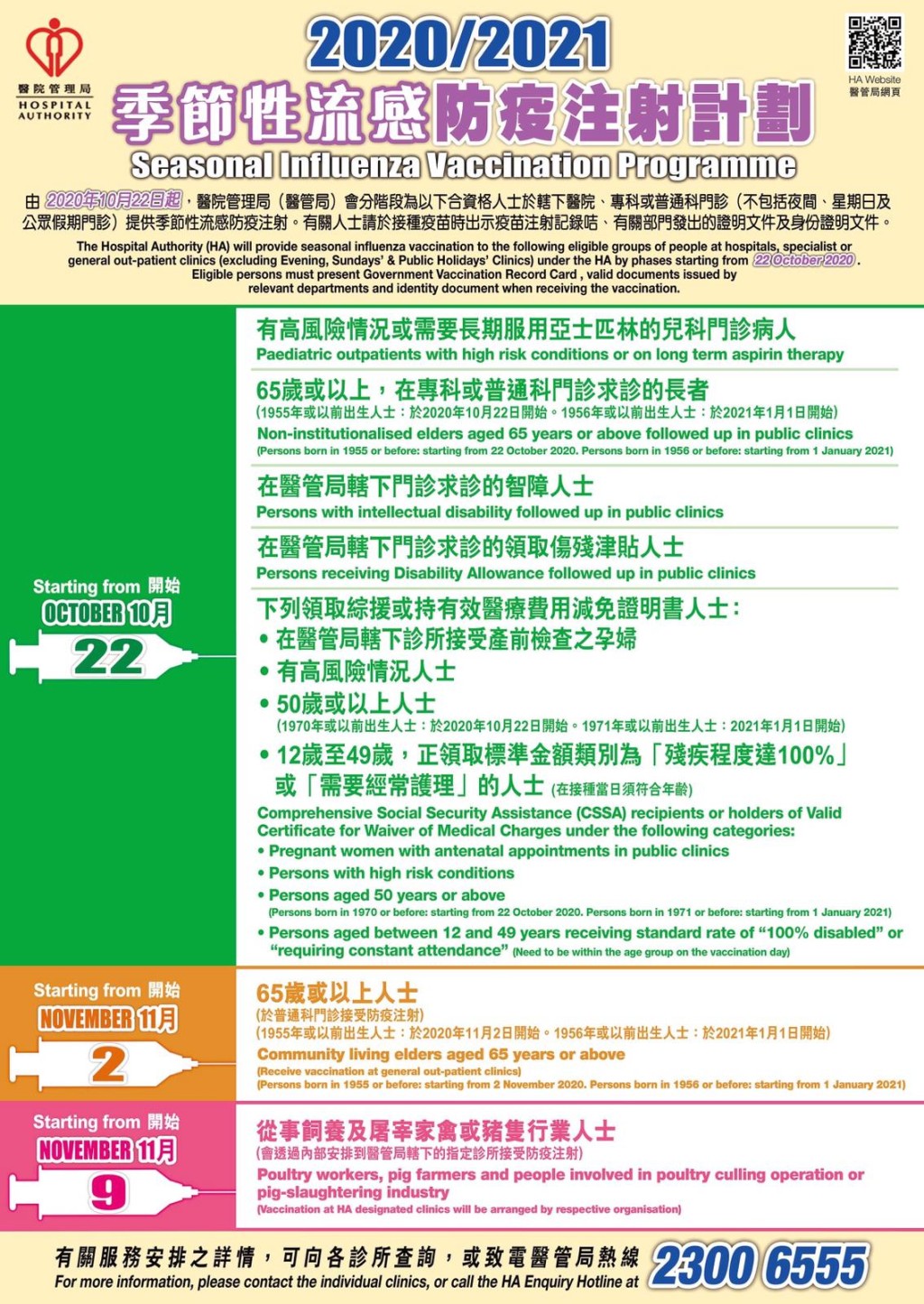 合資格人士可到公立醫院及門診接種疫苗。醫管局圖片